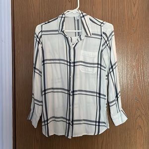 White and blueish gray plaid button down
